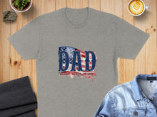 Load image into Gallery viewer, Gray t-shirt with distressed American flag and "Dad, The Man, The Myth, The Legend" text.
