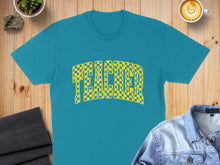 Load image into Gallery viewer, Teal t-shirt with checkered yellow "TEACHER" text design.