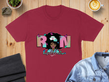 Load image into Gallery viewer, Maroon t-shirt with "RN Registered Nurse" design featuring a Black woman with butterflies.