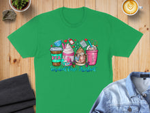 Load image into Gallery viewer, Green t-shirt with "RCA Resident Care Assistant" graphic featuring coffee cups.