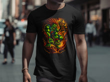 Load image into Gallery viewer, Vibrant Green Monster with Fiery Background T-Shirt