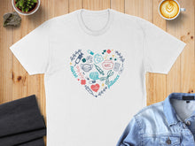 Load image into Gallery viewer, White t-shirt with a heart-shaped medical doodle and the words "nurse" and "patience."