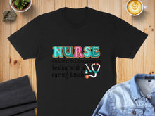 Load image into Gallery viewer, Black t-shirt with "NURSE" text and stethoscope graphic.