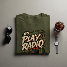 Load image into Gallery viewer, Olive green t-shirt with "GO PLAY RADIO" graphic, radio, and thermos.