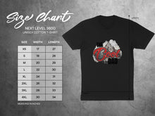 Load image into Gallery viewer, Next Level 3600 unisex cotton t-shirt size chart with width and length in inches.