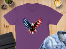 Load image into Gallery viewer, Purple t-shirt with eagle graphic in American flag colors.