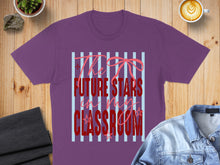 Load image into Gallery viewer, Purple t-shirt with "The Future Stars in My Classroom" in red and pink.