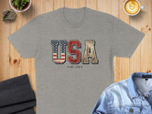 Load image into Gallery viewer, Grey t-shirt with distressed USA flag graphic and "Est. 1776" text.