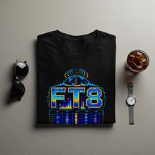 Load image into Gallery viewer, Black t-shirt with FT8 graphic featuring globe, radio tower, and waterfall display.