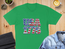 Load image into Gallery viewer, Green t-shirt with "USA 1776" text in patriotic stars and stripes design.
