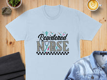 Load image into Gallery viewer, Light blue t-shirt with "Registered Nurse" text and floral pattern.