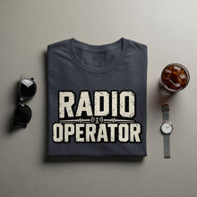 Load image into Gallery viewer, Dark grey t-shirt with "RADIO OPERATOR" text and radio tower graphic.