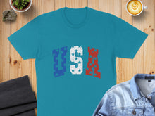 Load image into Gallery viewer, Teal t-shirt with distressed "USA" text in red, white, and blue stars.