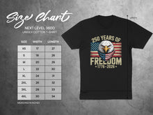 Load image into Gallery viewer, Unisex cotton t-shirt size chart and 250 Years of Freedom graphic.
