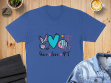 Load image into Gallery viewer, Blue t-shirt with Peace love PT graphic and bunny ears, dumbbell, and ball.