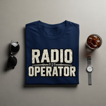 Load image into Gallery viewer, Navy t-shirt with distressed white text "RADIO OPERATOR" and radio tower graphic.