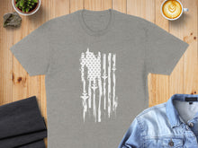 Load image into Gallery viewer, Grey t-shirt with distressed white abstract American flag design.