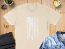 Load image into Gallery viewer, Cream t-shirt with distressed US flag graphic and white vertical stripes.