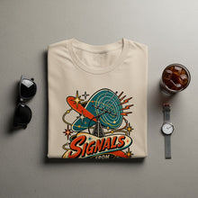 Load image into Gallery viewer, Cream t-shirt with "Signals From" text and retro radio tower graphic.
