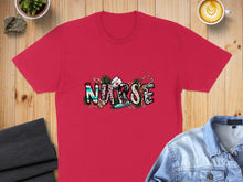 Load image into Gallery viewer, Red t-shirt with "NURSE" graphic featuring stethoscope and floral elements.
