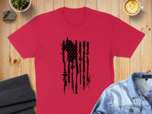 Load image into Gallery viewer, Red t-shirt with a distressed black American flag graphic on the chest.