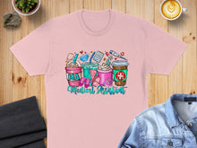 Load image into Gallery viewer, Pink t-shirt with "MA Medical Assistant" text and coffee cup illustrations.