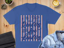 Load image into Gallery viewer, Blue t-shirt with pink stripes and "Readers Are Leaders" text design.