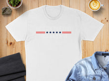 Load image into Gallery viewer, White t-shirt with red and blue text "HE'S ON THE LIST, YOU KNOW IT."