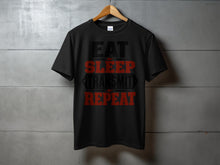 Load image into Gallery viewer, Black t-shirt with text "EAT SLEEP TRANSMIT REPEAT" in red and black.