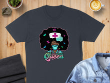 Load image into Gallery viewer, Dark t-shirt with "Trauma Queen" graphic featuring a woman with an afro and butterfly accents.