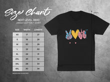 Load image into Gallery viewer, Next Level 3600 unisex t-shirt size chart with measurements in inches.