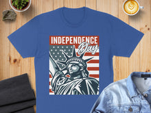Load image into Gallery viewer, T-shirt featuring the Statue of Liberty and American flag design.