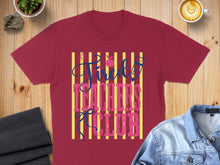 Load image into Gallery viewer, Burgundy t-shirt with "Tired Teachers Club" text on yellow and pink stripes.
