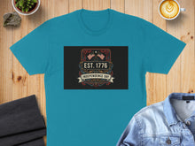 Load image into Gallery viewer, Teal t-shirt with "Est. 1776 Independence Day" graphic and American flags.