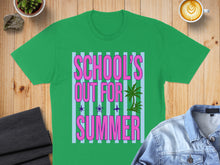 Load image into Gallery viewer, Green t-shirt with "School's Out For Summer" text and palm trees.