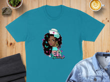Load image into Gallery viewer, Teal t-shirt with graphic of a nurse with colorful butterflies and text "ER Nurse".