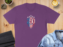 Load image into Gallery viewer, Purple t-shirt with 250 patriotic design, including flags and fighter jets.