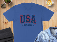 Load image into Gallery viewer, Blue t-shirt with red "USA EST. 1776" text and stars.