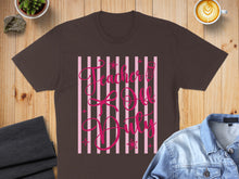 Load image into Gallery viewer, Brown t-shirt with pink stripes and text "Teacher Off Duty".