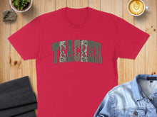 Load image into Gallery viewer, Red t-shirt with "TEACHER" in camouflage block letters.