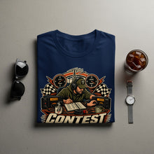 Load image into Gallery viewer, Navy t-shirt graphic with ham radio operator, "CONTEST" text, and checkered flags.