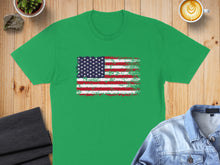 Load image into Gallery viewer, Green t-shirt with distressed American flag graphic.