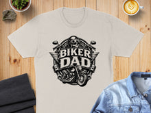 Load image into Gallery viewer, Biker Dad text over a motorcycle, skull, and wings emblem.