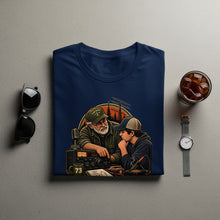 Load image into Gallery viewer, Navy t-shirt with ham radio graphic depicting two men at equipment.