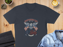 Load image into Gallery viewer, Dark grey t-shirt with American flag, eagle, and "Independence Day Est. 1776".