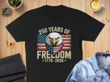 Load image into Gallery viewer, Black t-shirt with eagle, American flag bandana, and "250 Years of Freedom 1776-2026" text.