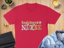 Load image into Gallery viewer, Red t-shirt with "Registered Nurse" in colorful retro font and floral accents.
