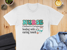 Load image into Gallery viewer, White t-shirt with "Nurse" in colorful letters and stethoscope graphic.