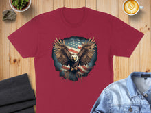 Load image into Gallery viewer, Maroon t-shirt with spread-winged eagle against a distressed American flag.