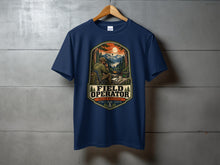 Load image into Gallery viewer, Navy t-shirt with "Field Operator Shack Optional" graphic depicting man with radio outdoors.